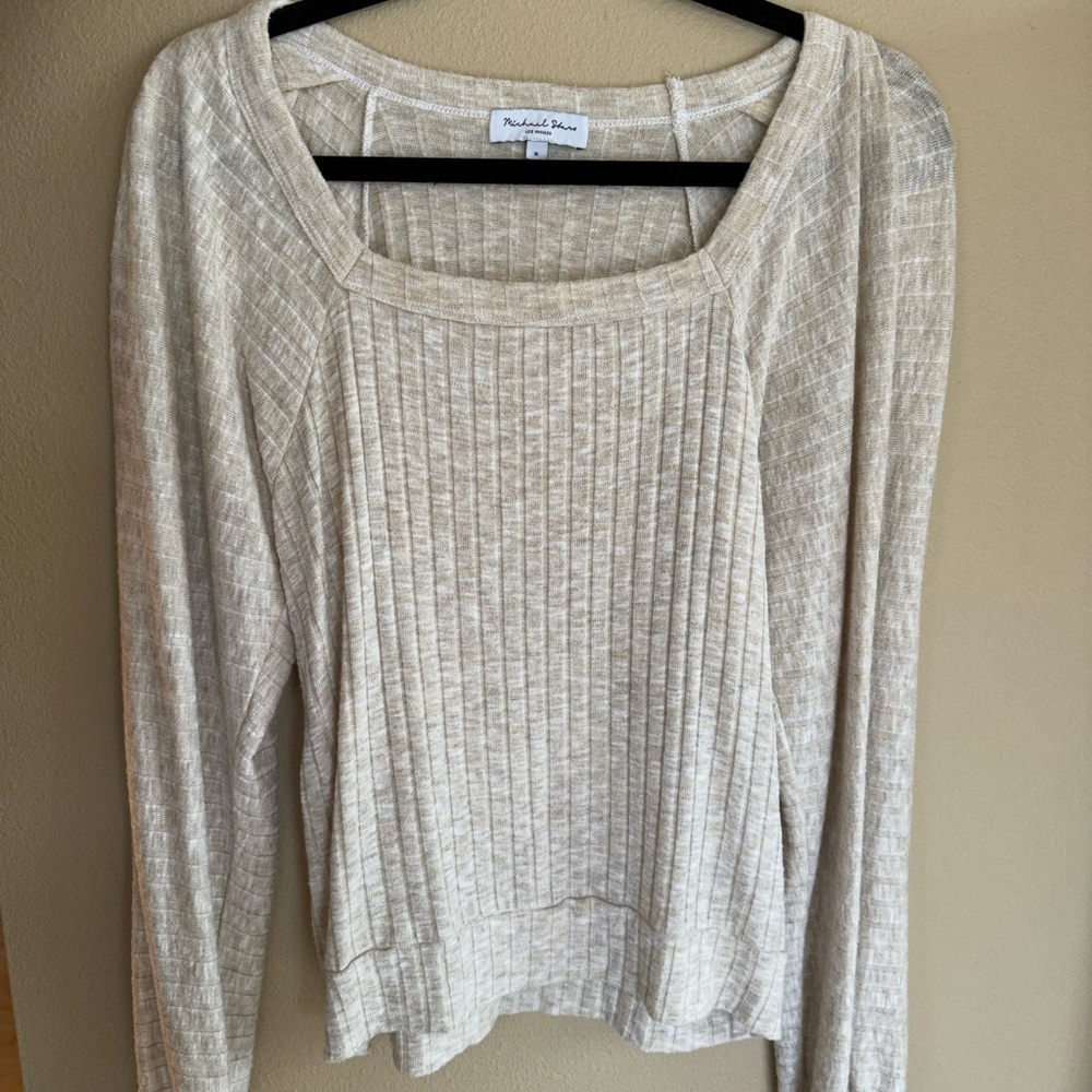 Michael Stars tan ribbed square neck long sleeve